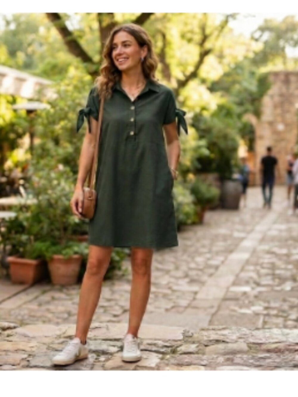 Women Shirt Dress Army Green Size 0XL Relaxed Fit Short Sleeves Short Casual